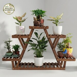 Triangular Carbonized Wood Plant Stand, 6 Tier Rustic Flower Shelf, Indoor Outdoor Display