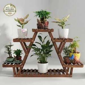 Triangular Carbonized Wood Plant Stand, 6-Tier Indoor Outdoor Flower Rack