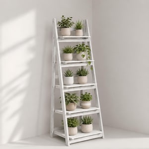 May include: A white wooden ladder shelf with five tiers, featuring a distressed finish. The shelves hold ten potted plants in various ceramic containers, including round and ribbed pots, displaying a variety of green foliage and textures.