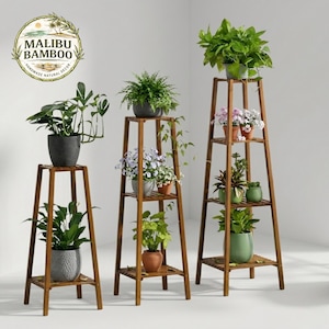 May include: Three wooden plant stands of varying heights, each with multiple tiers holding potted plants. The plants include ferns, flowering plants, and leafy green plants. The stands are made of a dark brown wood and are arranged against a white background.