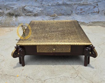 Handmade Elephant Walnut Pooja Chowki : Gold Brass Indian Bajot Stool