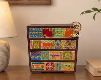 Hand-Painted Wooden Jewellery Box: 4-Drawer Bohemian Storage Chest, Indian Decor Art