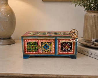 Hand-Painted Wooden Jewellery Box with 2 Drawers, Boho Indian Decor Storage Chest