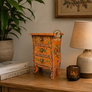 Hand-Painted Solid Wood Bedside Table, Orange-Green Floral Chest