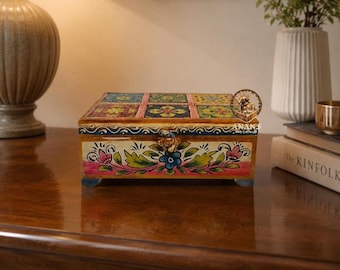 Hand-Painted Wooden Jewellery Box: Indian Floral Art Storage Chest