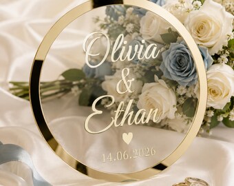 Personalized Round Acrylic Mirror Wedding Sign, Custom Name & Date Hanging Decor