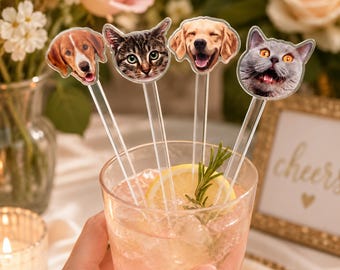 Agitadores de bebidas personalizados para mascotas, palillos de cóctel personalizados para perros y gatos, agitadores para bodas con mascotas, decoración de bebidas con fotos de mascotas