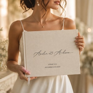 Personalized Wedding Guest Book, Linen Hardcover Wedding Photo Album, Elegant Beige Sign In Book with Rose Gold Foil, Bridal Shower Keepsake