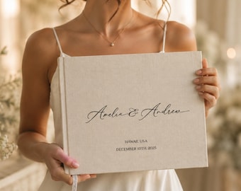 Libro de firmas personalizado para bodas, álbum de fotos de boda de tapa dura de lino, elegante libro de firmas beige con detalles en oro rosa, recuerdo para la despedida de soltera.