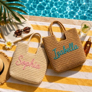 Personalized Straw Beach Tote Bag, Custom Name Chenille Woven Tote, Bridesmaid Beach Bag, Girls Trip Gift, Bachelorette Tote