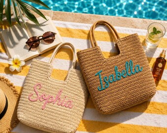 Personalized Straw Beach Tote Bag, Custom Name Chenille Woven Tote, Bridesmaid Beach Bag, Girls Trip Gift, Bachelorette Tote