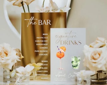 Letrero de bebidas de boda, letrero de menú de cócteles acrílico personalizado, letrero de bar para bodas de él y ella, decoración de menú de bebidas de boda con espejo dorado