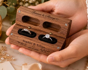 Caja de madera personalizada para anillos, caja grabada para anillos de boda, soporte doble para anillos personalizado, caja para propuesta de matrimonio, caja para portador de anillos de compromiso.