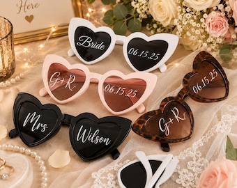 Gafas de sol personalizadas con forma de corazón, gafas de sol personalizadas para damas de honor, gafas para la fiesta de la novia, recuerdo de despedida de soltera, gafas de sol para bodas.
