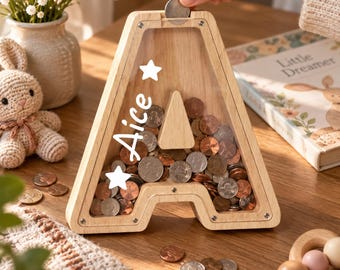 Personalized Wooden Piggy Bank, Custom Letter Money Bank, Name Coin Bank, Kids Savings Bank, Nursery Decor, Birthday Gift, Christmas Gift