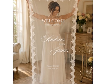 Letrero de bienvenida personalizado para despedida de soltera, pancarta de bienvenida de boda transparente personalizada con ribete de encaje, letrero de tul para la futura novia, ceremonia romántica.