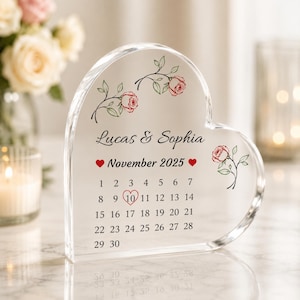 Personalized Wedding Date Plaque, Acrylic Heart Calendar Gift for Couple, Married Date Keepsake, Anniversary Wedding Gift for Newlyweds