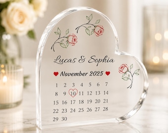 Placa personalizada con la fecha de la boda, calendario de acrílico en forma de corazón, regalo para parejas, recuerdo de la fecha de la boda, regalo de aniversario para recién casados.