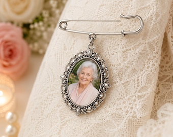 Personalized Wedding Memorial Photo Pin, Custom Bouquet Charm, Bridal Memory Pin, Angel Photo Pendant, Something Blue Wedding Gift