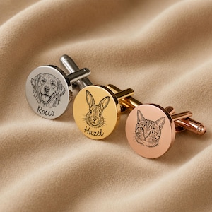 Custom Pet Portrait Cufflinks, Engraved Dog Cat Cufflinks, Memorial Pet Gift for Groom, Personalized Wedding Cuff Links