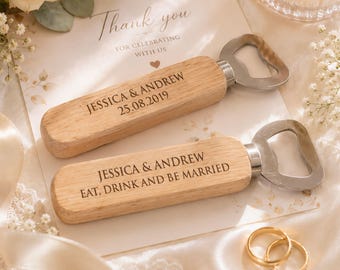Abrebotellas de madera personalizado, recuerdo de boda, regalo para invitados grabado a medida, recuerdo de boda rústico, detalle para la fiesta nupcial.