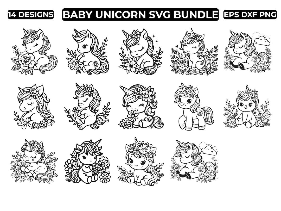Baby Unicorn SVG Bundle 14 Designs, Cute Unicorn PNG Bundle, Unicorn ...