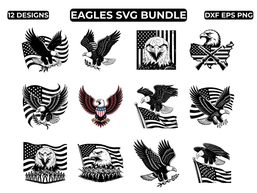 Patriotic Eagles SVG Bundle 12 Designs, American Flag Eagle SVG, Fourth ...