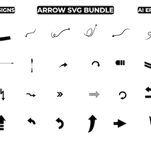 Op de afbeelding: Een verzameling zwarte pijldesigns in verschillende stijlen, waaronder recht, gebogen en gestippeld. De afbeelding bevat de tekst "210 DESIGNS", "ARROW SVG BUNDLE" en "AI EPS PNG".