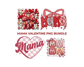 Mama Valentine PNG-Bundle | Sublimation PNG Designs | Kokette Schleife aus Kunstgarn, Preppy Mama, Retro Kariertes Herz | Digitaler Download
