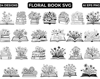 Blumenbuch SVG-Bundle, offenes Buch SVG, 24 Blumenbücher-Svg-Sublimationsdesigns, Buchblumen-Svg, Buch-SVG-Bundle, sofort-Download