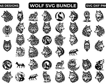 Wolf SVG-Bundle, 45 Wolf SVG-Dateien, heulender Wolf SVG, einsamer Wolf Art, Wolf Kopf Art, Wolf Png Bundle, Tier Art, sofortiger digitaler Download