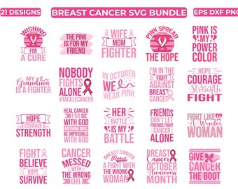 Brustkrebs SVG Bundle 21 SVG-Designs Pink Ribbon SVG Brustkrebs-Bewusstseins-Svg, Im Oktober tragen wir Pink, Kämpfer Svg, Png Dxf Eps-Dateien