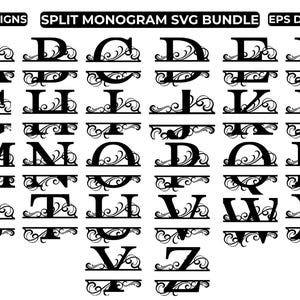 Può includere: Immagine in bianco e nero con 26 design di monogrammi divisi, ogni lettera dell'alfabeto con un ornamento decorativo. Il testo "SPLIT MONOGRAM SVG BUNDLE" è in alto.