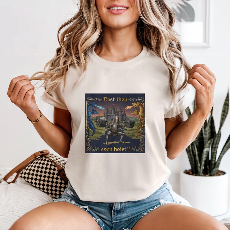 Funny Medieval Gym Shirt, Workout Shirt, Dost Thou Even Hoist Shirt, Fitness Humor Shirt, Gym Apparel, Knight Lifting Weights Tee image 1