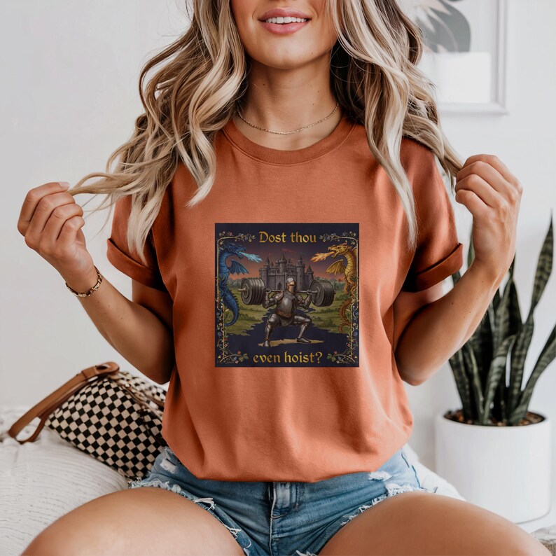 Funny Medieval Gym Shirt, Workout Shirt, Dost Thou Even Hoist Shirt, Fitness Humor Shirt, Gym Apparel, Knight Lifting Weights Tee image 2
