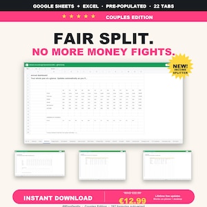 Puede incluir: Una plantilla de hoja de cálculo digital para parejas, titulada "Fair Split", con el texto "No More Money Fights". La imagen muestra una interfaz de hoja de cálculo con múltiples pestañas y las palabras "Google Sheets + Excel". Descarga instantánea.