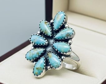 Natural Turquoise Flower Ring 925 Sterling Silver Handmade Bohemian Statement Jewellery