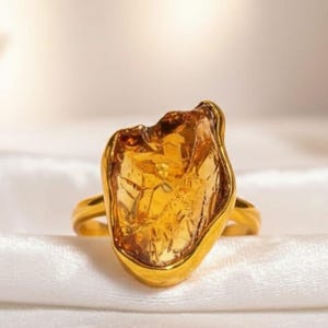 Rå Citrin Statement Ring – Organiska Guld Boho Smycken (November Födelsesten)