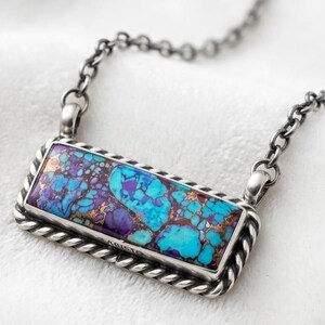 Blue Copper Turquoise Rectangle Pendant Necklace, Sterling Silver Chain, Boho Statement Jewellery