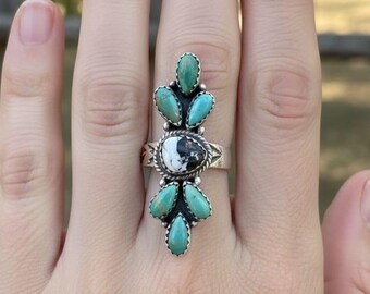 Sterling Silver White Buffalo Kingman Turquoise Ring, Floral Cluster Statement Jewelry
