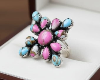 Cotton Candy Turquoise Cluster Ring, Navajo Style Southwestern Pink Blue Silver Ring