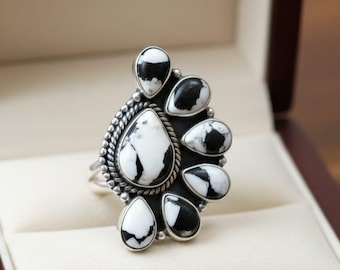 Black & White Turquoise Sterling Silver Ring – Handmade Boho Southwestern Jewelry