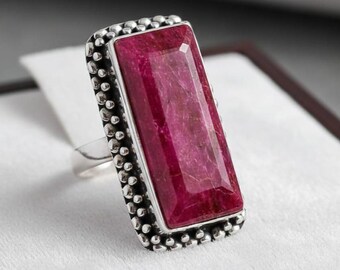 Handmade Rectangular Ruby Ring – Sterling Silver Bezel Set Gemstone