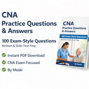 Può includere: Un libro intitolato "CNA Practice Questions & Answers" con il testo "100 domande in stile esame". La copertina presenta un operatore sanitario che assiste una persona anziana. Il testo aggiuntivo include "Download PDF istantaneo" e "CNA Exam Focused".
