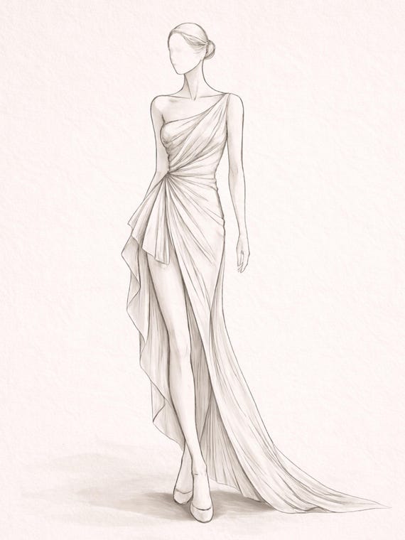fashion illustration draping dress Elegant Draped Dress Fashion Sketch | Minimal Pencil Fashion Illustration |  Transparent PNG | Digital Download