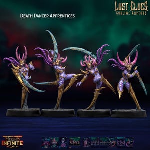 May include: Four Death Dancer Apprentices figurines. Each figure is posed dynamically, with purple and gold armour, and large curved blades. The figures have purple hair and horns. The text "Death Dancer Apprentices" and "Lust Elves Sublime Rapture" are visible.