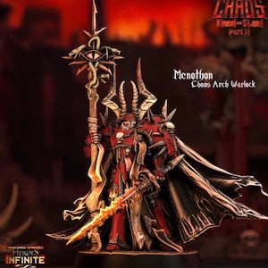 Op de afbeelding: Een gedetailleerde miniatuurfiguur van Menothon, een Chaos Arch Warlock, in rode en zwarte bepantsering. De figuur houdt een staf met een oogsymbool en een vlammend zwaard vast. De tekst "Chaos Blood & Steel Part II" en "Heroes Infinite" is inbegrepen.