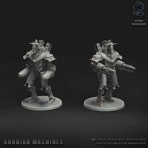 May include: Two gray Anubian Machines miniatures, each standing on a circular base. The robots have detailed armor, weapons, and a horned helmet. The text "ANUBIAN MACHINES" is at the bottom.