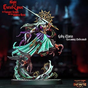May include: A miniature figurine of Lady Elaria, the Screaming Bridesmaid, from the "Night of the Cursed Vows" series. She is depicted in a flowing green and purple gown, holding a sword and adorned with roses and thorns. The base is detailed with intricate designs.