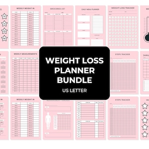Könnte beinhalten: Ein Gewichtsverlust-Planer-Set mit hellrosa Hintergrund und schwarzem Text. Die Sammlung enthält verschiedene Tracking-Blätter wie My Milestones, Weekly Weight In, Groceries List, Daily Meal Planner, Weight Loss Tracker, Water Tracker, Weekly Measurements, Steps Tracker, Januar-Kalender, Monthly Weight In und Milestone Rewards.